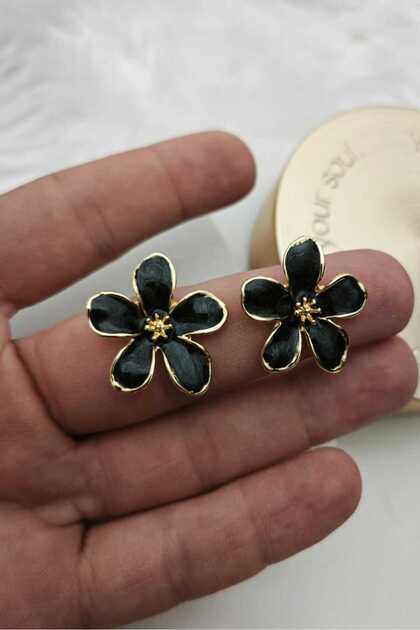 Black Enamel 5 Petal Flower Gold Women's Earrings