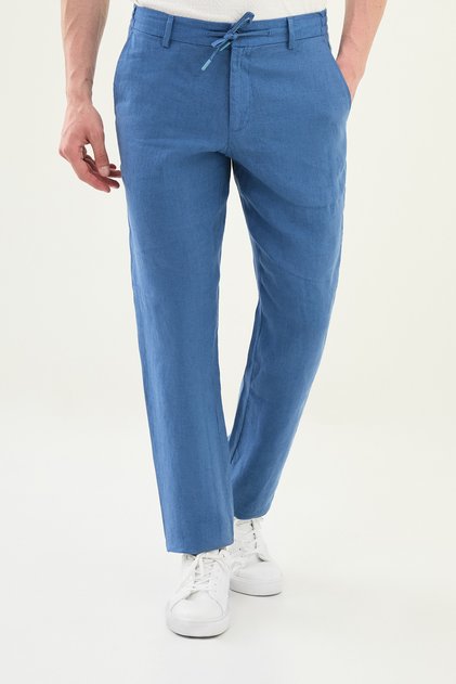 Straight Slim Fit 100% Linen Men's Trousers Indigo - 38300.25Y