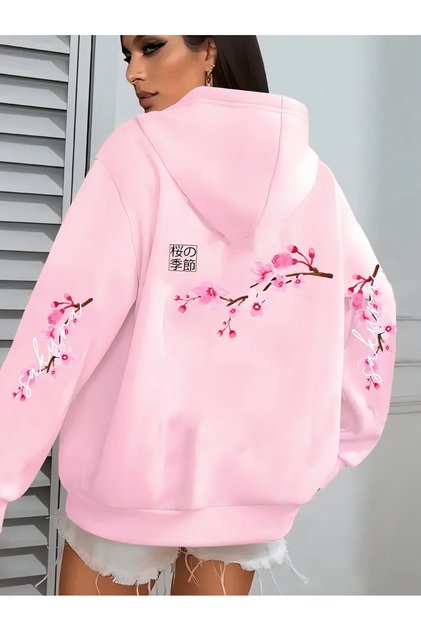 Cherry Blossom baskılı kadın Hoodie