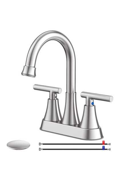 Baterie modernă pentru lavoar cu 2 mânere, finisaj nichel periat, cu centrare la 360 de grade, oțel inoxidabil fără plumb