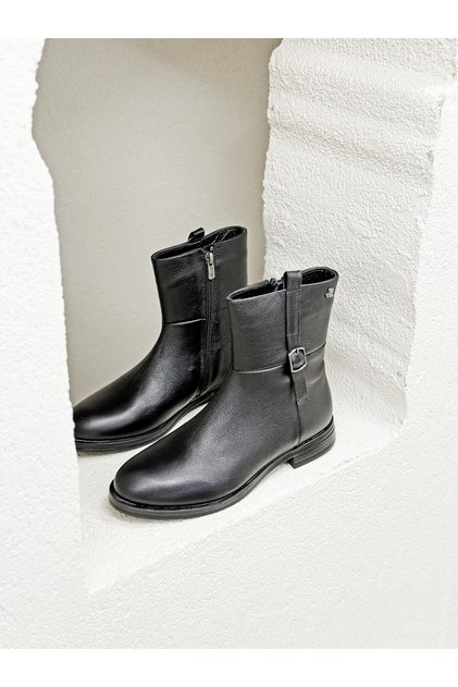 2552701K Khaki Leather Midi Boots with Buckle Detail for Women