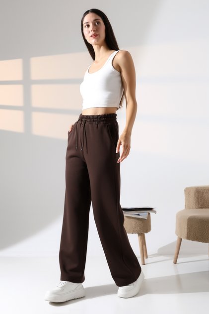 Ribbed Combed Cotton Compact Wide Leg Winter Palazzo Sweatpants 21776 Brown