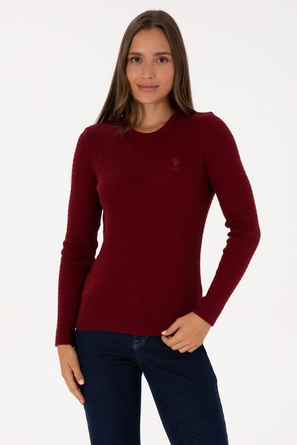 Women's Burgundy Crew Neck Basic Sweater 50307763-Vr014