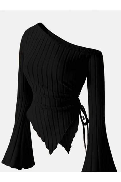 Women's Black Asymmetrical One-Shoulder Knitwear Blouse – Spanish Sleeve, Drawstring Detail
