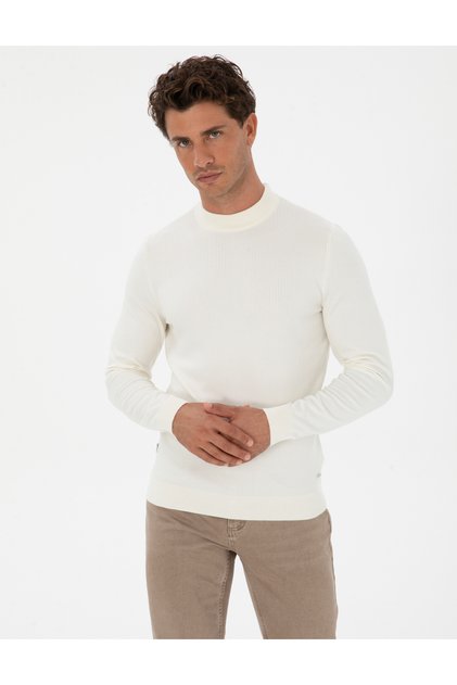 Ekru Slim Fit Çeyrek Yaka Triko Kazak 50315728-VR019