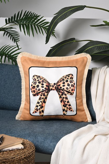 Fringed Velvet Throw Pillow Cover with Leopard Ribbon Design - 43X43Cm
