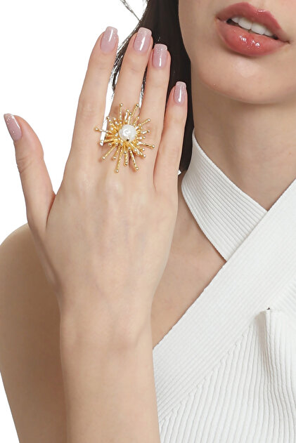 Women's Gold Color Plated Pearl Detailed Adjustable Big Sun Ring