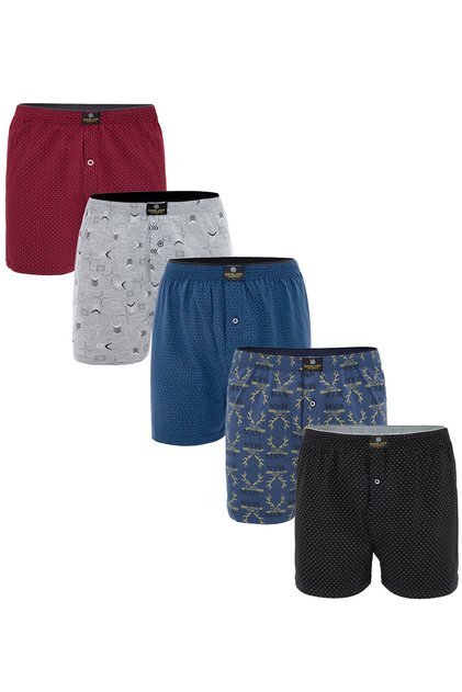 Men's 5-Piece Patterned Cotton Combed Long Buttoned Boxers with Elastic Waist