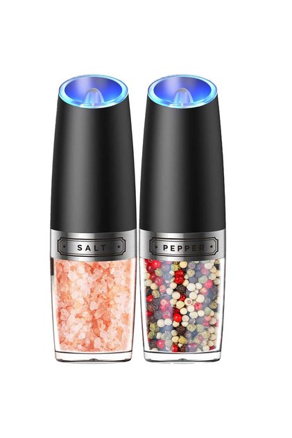Set râșniță electrică de sare și piper, reglare grosime, LED, senzor de gravitație, negru