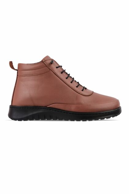 Plota Women's Genuine Leather Elastic Lace-Up Ankle Boots with Stitching Detail - Tan