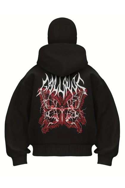 Oversized Zippered Black Unisex Hooded Cardigan with Mask Detail
