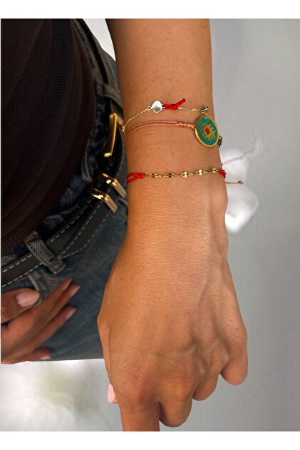 Steel Lip Chain Red String Bracelet