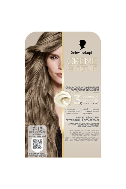 Vopsea de par permanenta cu amoniac Schwarzkopf Creme Supreme, 7-16 Blond Rece Cenusiu, 182 ml