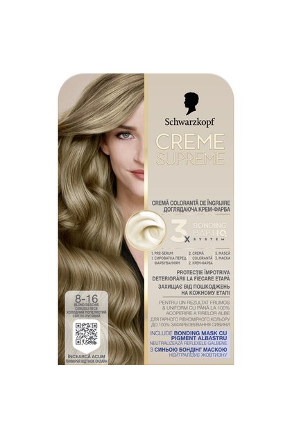 Vopsea de par permanenta cu amoniac Schwarzkopf Creme Supreme, 8-16 Blond Deschis Cenusiu, 182 ml