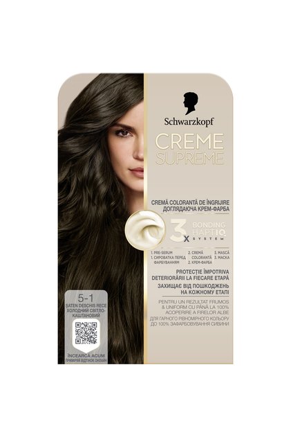 Vopsea de par permanenta cu amoniac Schwarzkopf Creme Supreme, 5-1 Saten Deschis Rece, 182 ml