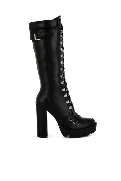 Women Black Cushion Collared Lace Up Boots