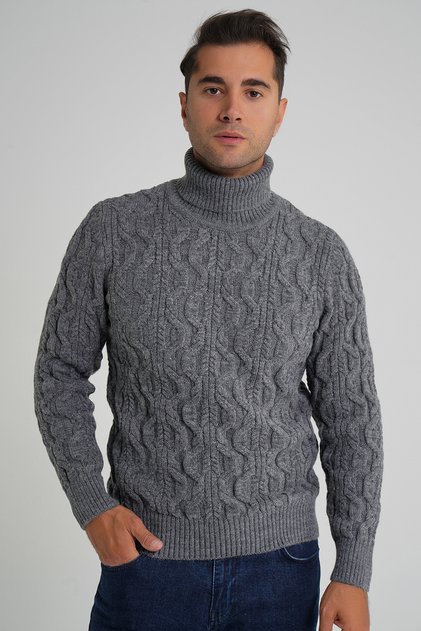 Men's Dark Gray Fisherman's Hair Braided Wool Sweater Trist-5354