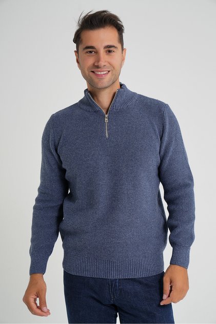 Men's Aviator Short Zip-Up Standing Collar Selanik Knitted Wool Sweater Trist-5358