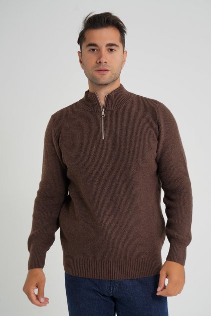 Men's Brown Short Zip-Up Standing Collar Selanik Knitted Wool Sweater Trist-5358