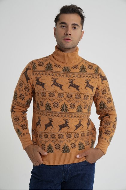 Trist Star Men's Mustard Full Fishman Collar Jacquard Deer Wool Christmas Sweater Trist-5361