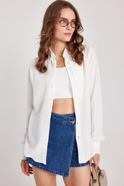 Women's Slim Fit Buttoned Collar Winter Wool Viscose Plain White Shirt