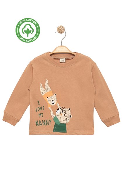 Girls Boys Thin Seasonal 100% Cotton Long Sleeve Teddy Bear Patterned Unisex Beige T-Shirt