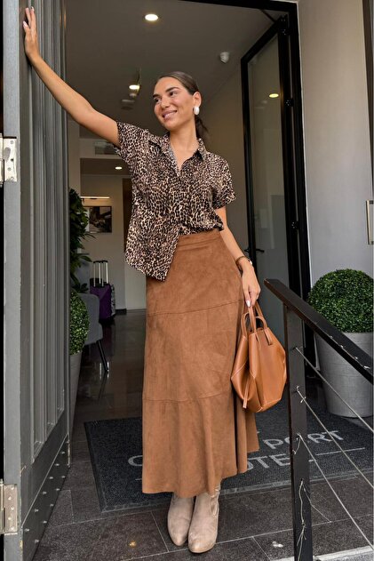 Madmext Brown Suede Long Skirt Mg2549- Trendyol
