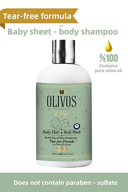 100% Natural Organic Olive Oil Baby Shampoo, for Hair and Body, Moisturizing Effect, 400 ml