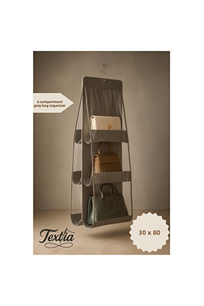 Gray 6-Compartment Hanging Bag Organizer for Inside the Closet - Bag and Shoe Organizer - 6-Compartment Bag Hanger