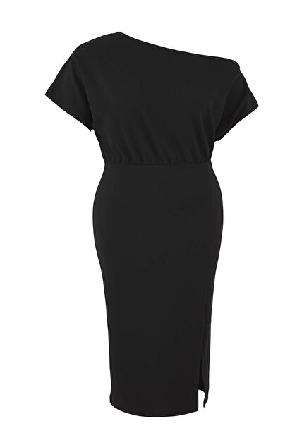 Trendyol Curve Black Asymmetric Neckline Slit Crepe Knitted Plus Size Dress  Tbbss24Ah00083- Trendyol