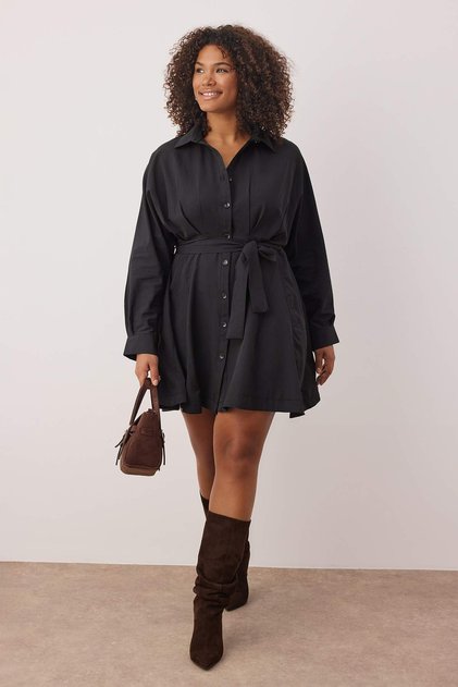Black Mini Woven Belted Plus Size Shirt Dress Tbbaw26Ah00046