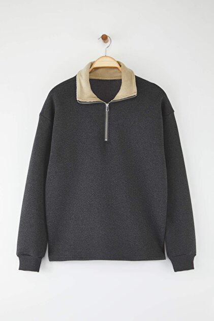 わた様 Trendyolmilla Man Antrasit Yaka Detaylı Dik Yaka Yeni Oversize