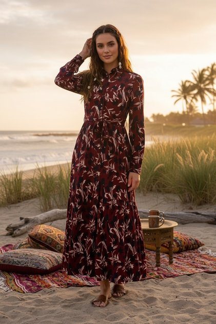Red Top Navy Blue Floral Summer Buttoned Women's Long (140cm) Dress 1106