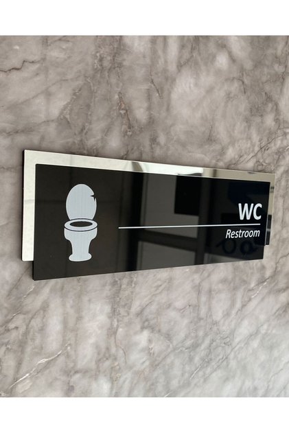 Wc Tuvalet Kapı İsimliği Yönlendirme Levhası 25x8 Cm Aynalı Parlak Siyah Seri Kendinden Yapışkanlı