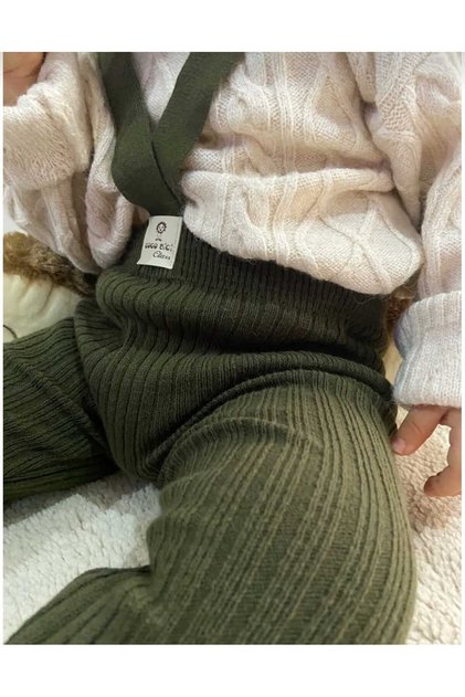 Khaki color high waist front cross strap adjustable ribbed baby knitwear leggings trousers