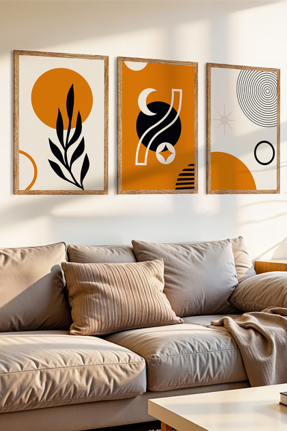 3 Piece Abstract and Geometric Concept Wooden Frame Look Mdf Painting Set