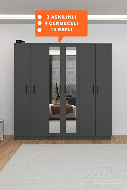 Aeka Ae-2116 Kale Aynalı Antrasit, 6 Kapaklı Gardırop, 13 Raflı, 3