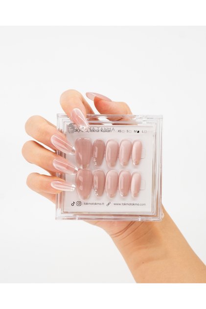 10'lu Pembe Kısa Oval TT1208 Tekrar Kullanılabilir El Yapımı Protez Takma Tırnak Pembe-XS