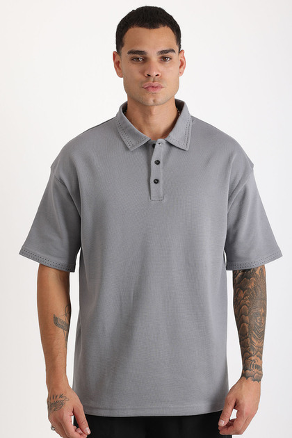 Double Pique Fabric Loose Fit Men's Polo Neck T-Shirt with Collar and Sleeve Stitching Detail