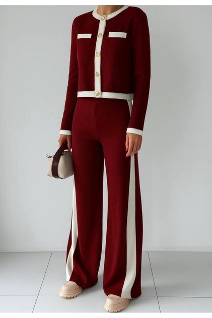 Women's Burgundy Gold Button Detailed Cardigan Pants Bottom Top Two-Piece Knitwear Set