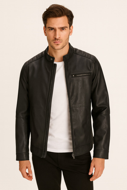 Jack & Jones Jack Jones Biker Men's Black Leather Jacket- Trendyol
