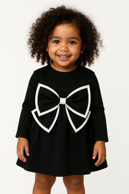 Oversize Girl's Black Dress with Bow