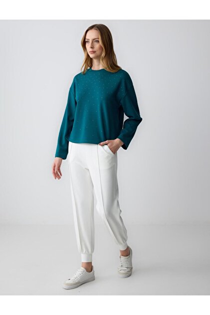 Jimmy Key Yeşil Bisiklet Yaka Uzun Kollu Taş Baskılı Sweatshirt