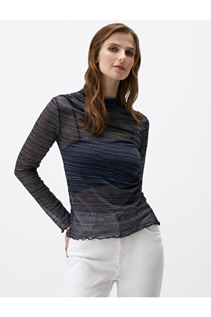 Jimmy Key Lacivert Sıfır Yaka Dar Kesim Örme Desenli Mesh Bluz