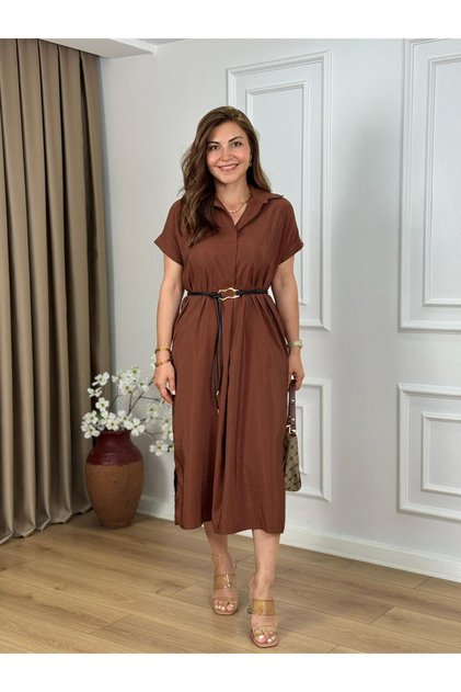 Shirt Collar Belted Dress with Side Slits BROWN