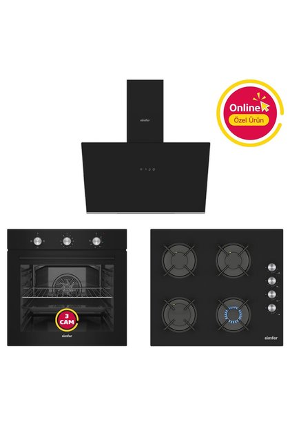 Ankastre Set Siyah Mekanik Power Turbo Fanlı Cam Ocaklı 3'lü Set (Fırın + Ocak + Davlumbaz)