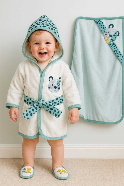 100% Organic Cotton 0-2 Years Baby Cute Animal Embroidered Bathrobe Set Premium Quality