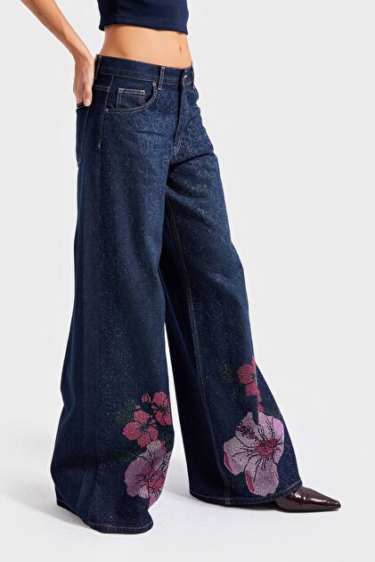 it's basic Kadın Koyu Mavi Renk T-2w5-128 Parlak Taş Gül Detaylı