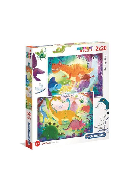 Set Duo, Clementoni, Supercolor, Dinozauri amuzanți, Puzzle, Unisex, 3+ ani, 2 x 20 bucăți