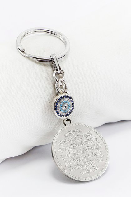 Silver Colored Zircon Evil Eye Steel Double Sided Ayetel Kursi Felak Nas Ihlas Keychain